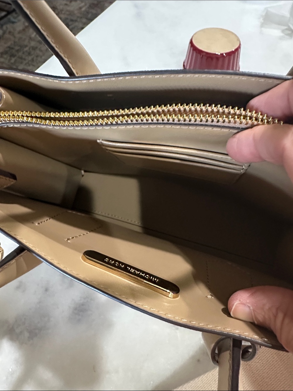 Michael Kors Neutral Beige Saffiano Satchel with Logo Strap - Picture 3 of 3